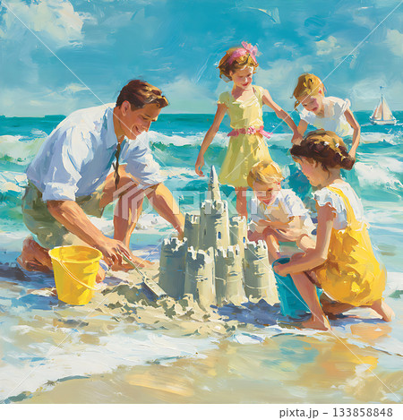ビーチで砂の城を作る幸せな家族 133858848