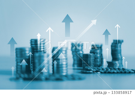 Stacks of coins with upward arrows and rising line graph symbolizing financial growth, investment returns, economic progress, profit increase, wealth development in modern business, money management. Stacks of coins with upward arrows and rising line graph symbolizing financial growth, investment returns, economic progress, profit increase, wealth development in modern business, money management. 133858917