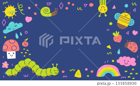 Vector frame with funny insects, rainbows, clouds, and flowers on dark blue background. Cute cartoon border for kids invitations, greeting cards, or school projects. Vector frame with funny insects, rainbows, clouds, and flowers on dark blue background. Cute cartoon border for kids invitations, greeting cards, or school projects. 133858930