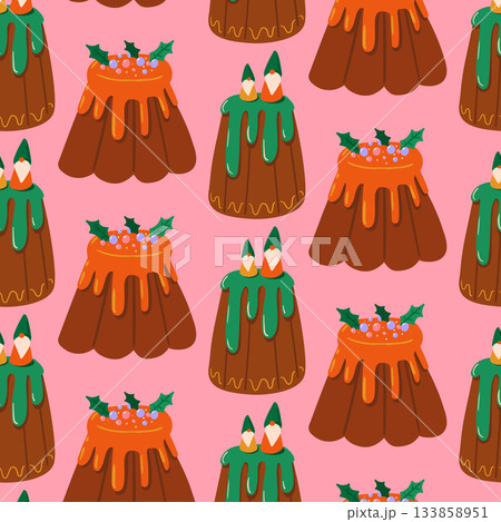 Cute seamless Christmas cake pattern with gnomes and winter berries. Cozy hand drawn vector. 133858951