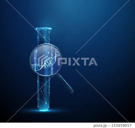 3d test tube under magnifying glass with DNA helix inside. Genetic analysis, DNA sequencing, molecular biology, clinical investigation concept. 3d test tube under magnifying glass with DNA helix inside. Genetic analysis, DNA sequencing, molecular biology, clinical investigation concept. 133859057