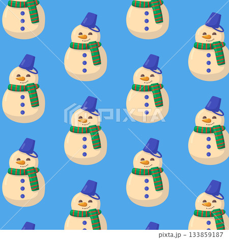 Vector seamless pattern with cute snowmen in hats and scarves on blue background. Fun winter design for wrapping paper, fabric, or holiday decorations. Vector seamless pattern with cute snowmen in hats and scarves on blue background. Fun winter design for wrapping paper, fabric, or holiday decorations. 133859187