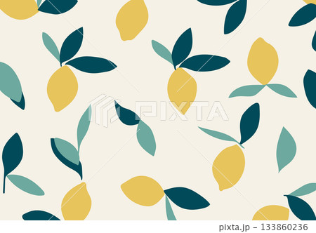 A seamless pattern of yellow lemons and dark teal leaves on a light beige background. A seamless pattern of yellow lemons and dark teal leaves on a light beige background. 133860236