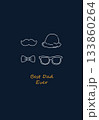 White outline icons of a hat, mustache, glasses and bow tie on dark blue with text. 133860264