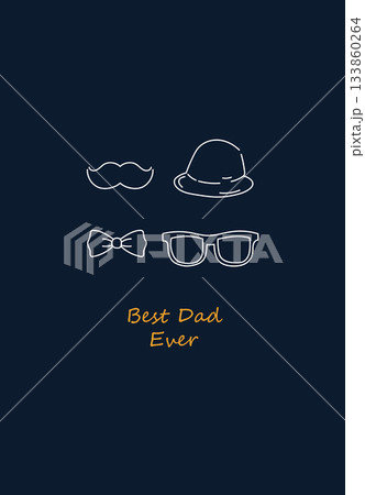 White outline icons of a hat, mustache, glasses and bow tie on dark blue with text. White outline icons of a hat, mustache, glasses and bow tie on dark blue with text. 133860264
