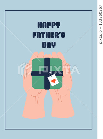 Two open hands holding a green square gift box with a heart tag on a light blue background. 133860267