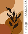 A dark leafy branch silhouette set against abstract curved shapes in brown tones. 133860268