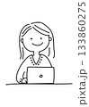 Simple doodle sketch of a happy girl sitting behind an open laptop computer. 133860275