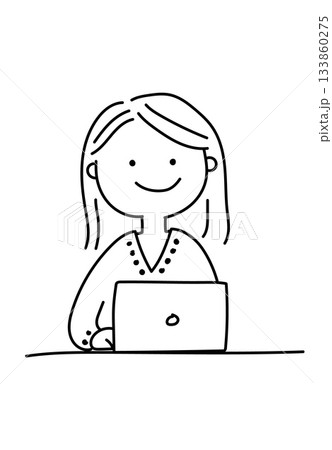 Simple doodle sketch of a happy girl sitting behind an open laptop computer. Simple doodle sketch of a happy girl sitting behind an open laptop computer. 133860275