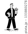 Illustration of a man walking while carrying a package and a potted plant. 133860278