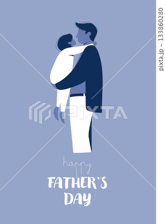 Stylized blue illustration of a father standing and holding a small child in his arms. Stylized blue illustration of a father standing and holding a small child in his arms. 133860280