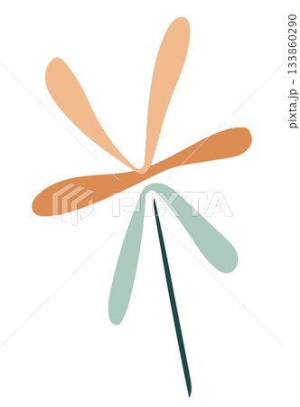 Abstract minimalist flower with orange and green petals on a thin stem. 133860290