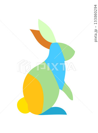 Colorful geometric rabbit illustration sitting in profile composed of flat abstract shapes. 133860294