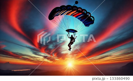 トワイライトの輝きの中で着地するスカイダイバーのシルエット 133860490