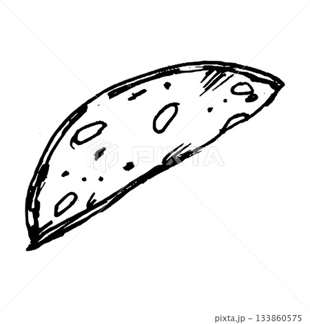 Hand-drawn vector of a thin semi-circular salami slice with visible fat dots and curved edges. Suitable for deli layouts, antipasti sets, pizza graphics, sandwiches and various cooking themes. 133860575