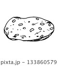 Vector illustration of a salami slice with scattered fat pieces and a rough outline. This drawing suits charcuterie themes, pizza toppings, deli ingredients and simple recipe graphics. 133860579