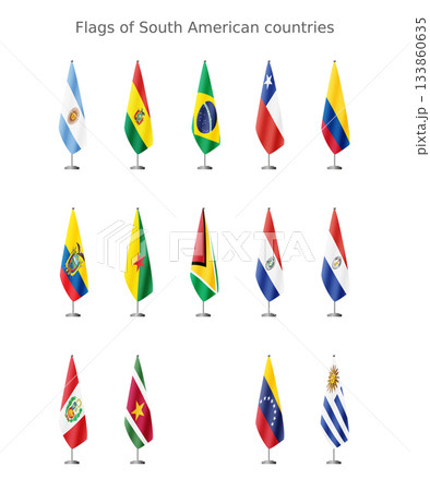 Set of flags of South American countries on a flagpole for official meetings, no background vector 133860635