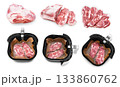 Collage showing raw pork neck meat (whole, sliced, and arranged) with slices placed inside a black air fryer. High quality photo 133860762