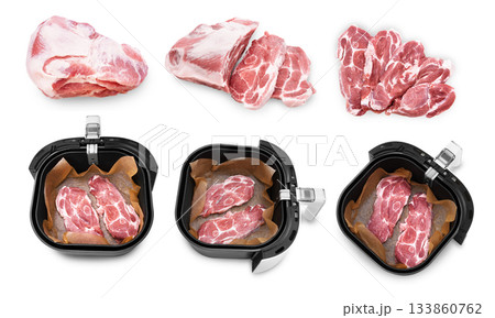 Collage showing raw pork neck meat (whole, sliced, and arranged) with slices placed inside a black air fryer. High quality photo 133860762