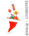 Santa hat overflowing with Christmas gifts, ornaments, and candy canes, dynamically falling/isolated on white. High quality photo 133860765