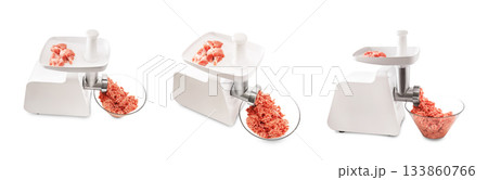 Three views of a white electric meat grinder processing raw meat into minced ground meat in a glass bowl, isolated. High quality photo 133860766
