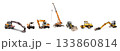 A diverse horizontal arrangement of construction heavy machinery, including excavators, loaders, and a mobile crane, isolated on white. High quality photo 133860814