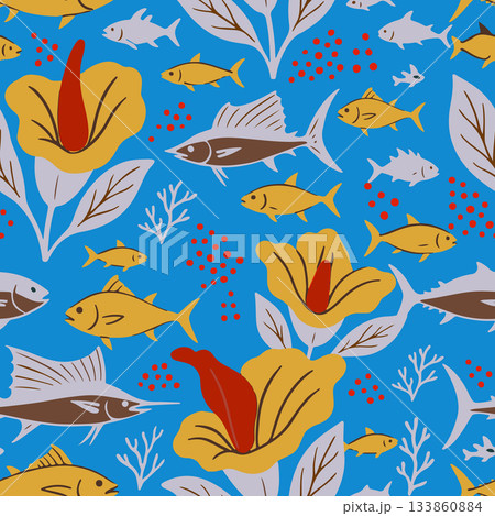 Vector tropical seamless pattern featuring marine life tuna, sailfish and exotic Titan Arum Corpse Flower florals. Perfect for fabric, and wallpaper. Vector tropical seamless pattern featuring marine life tuna, sailfish and exotic Titan Arum Corpse Flower florals. Perfect for fabric, and wallpaper. 133860884