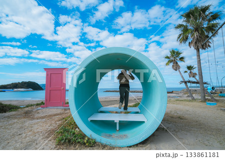 海辺のブランコを満喫する 133861181