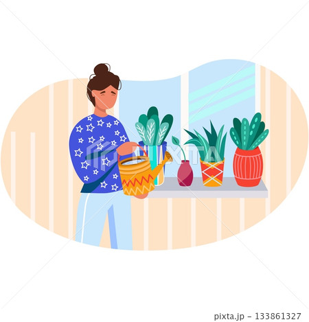 Woman watering houseplant with can flat vector 133861327