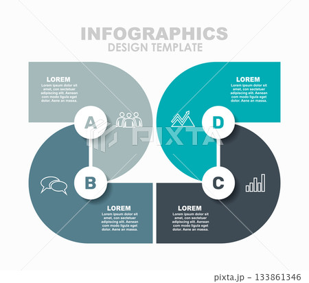 Four-step infographic with circular segments, icons, and text for business, planning, or presentation use. Vector illustration. 133861346