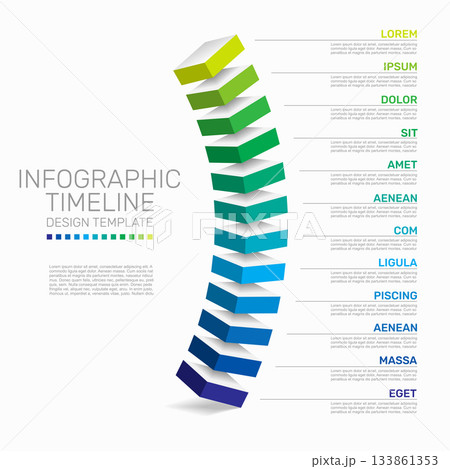 Vertical infographic timeline with 3D gradient blocks and labeled sections for process visualization or presentation use. Vector. 133861353