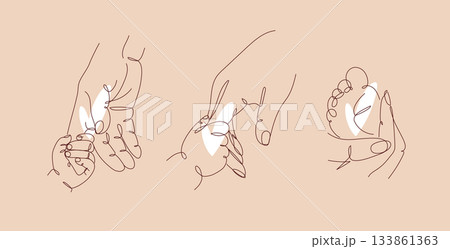 Mother hold child finger hand foot illustration beige and light brown Mother hold child finger hand foot illustration beige and light brown 133861363