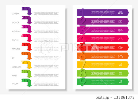 Infographic layouts with numbered steps, icons, and placeholder text for business, planning, or presentation purposes. Vector. 133861375