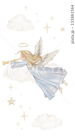 Christmas vertical composition with angel with light hair and nimbus. Watercolor illustration Christian Nativity angel with wings and stars and clouds for religious baptism invitation. 133861564