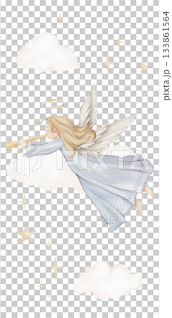 Christmas vertical composition with angel with light hair and nimbus. Watercolor illustration Christian Nativity angel with wings and stars and clouds for religious baptism invitation. 133861564