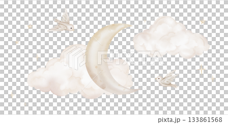 Composition with hand drawn watercolor illustration of the moon with stars and clouds for nursery wall art in light pastel beige yellow color. Bird in sky for dreamy atmosphere for kids design. Composition with hand drawn watercolor illustration of the moon with stars and clouds for nursery wall art in light pastel beige yellow color. Bird in sky for dreamy atmosphere for kids design. 133861568