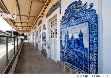 Historic building of old Aveiro Railway station ornamented with typical blue azulejos 133861623