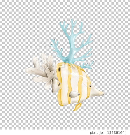 Yellow butterflyfish with corals, isolated clipart. Watercolor hand drawn ocean-themed illustration. Perfect for kids apparel, nursery prints, branding, stickers, invitations and coastal decor. 133861644