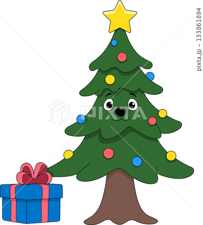 Cute Anthropomorphic Christmas Tree with Festive Gift Box Cute Anthropomorphic Christmas Tree with Festive Gift Box 133861894