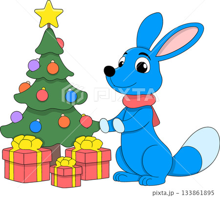 Cute Blue Cartoon Animal with Christmas Tree Gifts 133861895