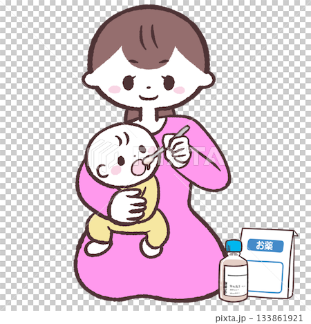 圖:一位婦女正在餵嬰兒藥 圖:一位婦女正在餵嬰兒藥 133861921