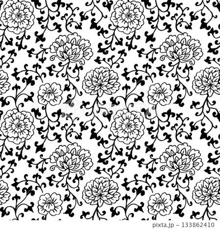 Black ink chinoiserie seamless pattern on white background. Vintage ginger jar floral repeat design Black ink chinoiserie seamless pattern on white background. Vintage ginger jar floral repeat design 133862410