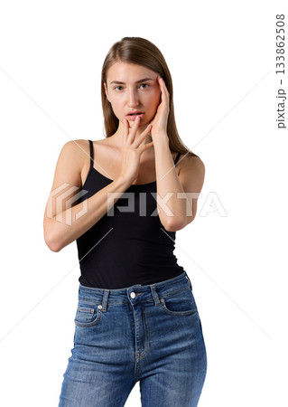 Slavic beauty in black top posing confidently Slavic beauty in black top posing confidently 133862508