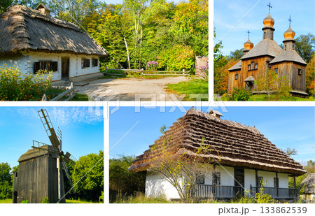 Traditional Ukrainian Village Life: Houses, Windmill, and Wooden Church Collage 133862539