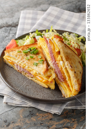 One-Pan Egg Sandwich with ham and cheese closeup on the plate. Vertical One-Pan Egg Sandwich with ham and cheese closeup on the plate. Vertical 133862652