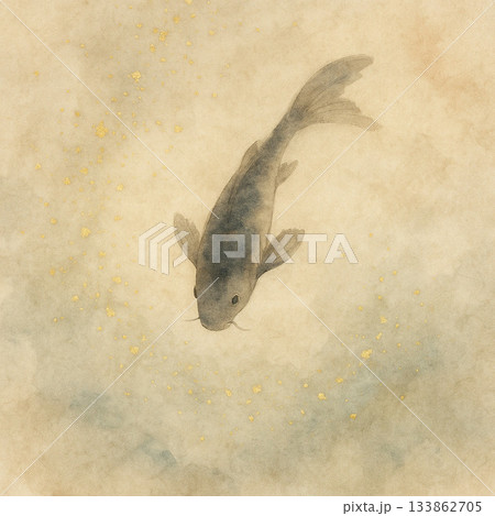 鯉シリーズ：金箔の粒が舞う中を泳ぐ鯉の雅な構図 133862705