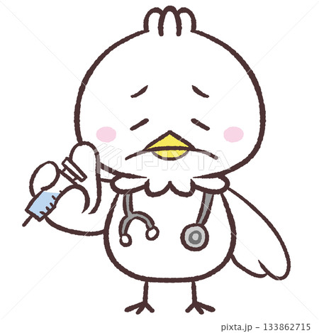 注射を持って困っている白い鳥のイラスト 注射を持って困っている白い鳥のイラスト 133862715