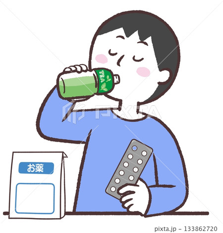 お茶で薬を服用する男性のイラスト お茶で薬を服用する男性のイラスト 133862720