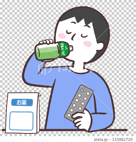 お茶で薬を服用する男性のイラスト お茶で薬を服用する男性のイラスト 133862720