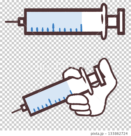 Illustration of a syringe and a hand holding a syringe 133862724